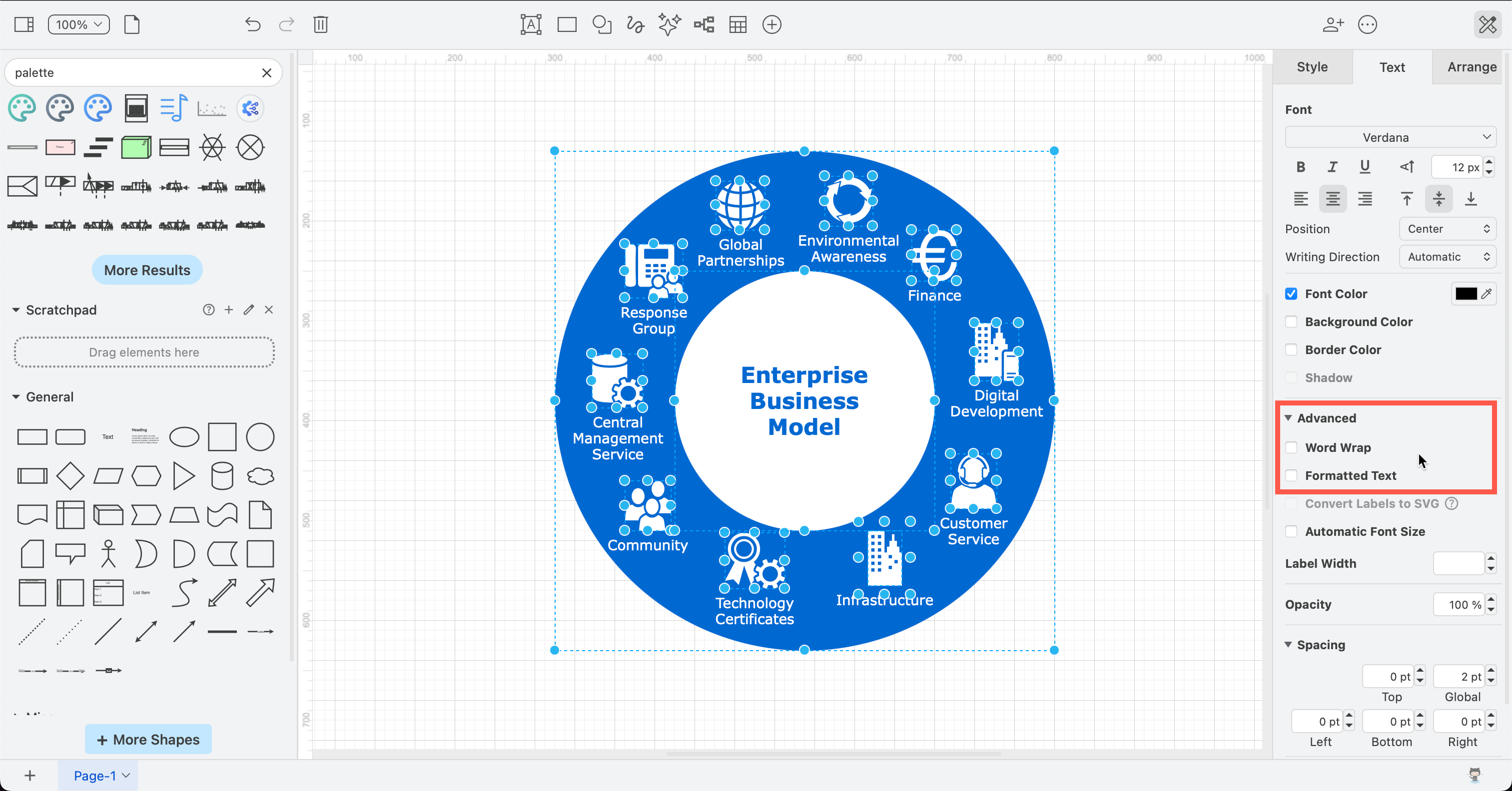 Prepare your diagram for exporting to SVG in draw.io by disabling word wrap and text formatting