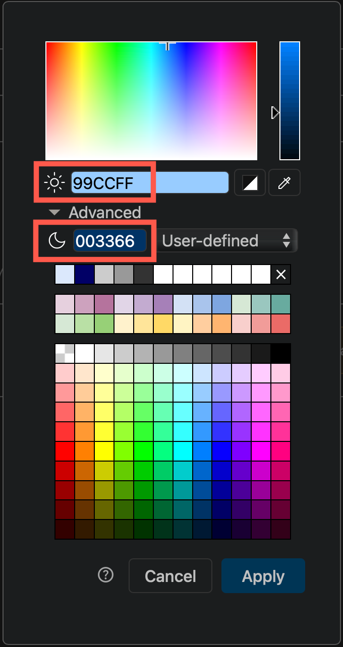 Select one or more shapes and open the colour palette