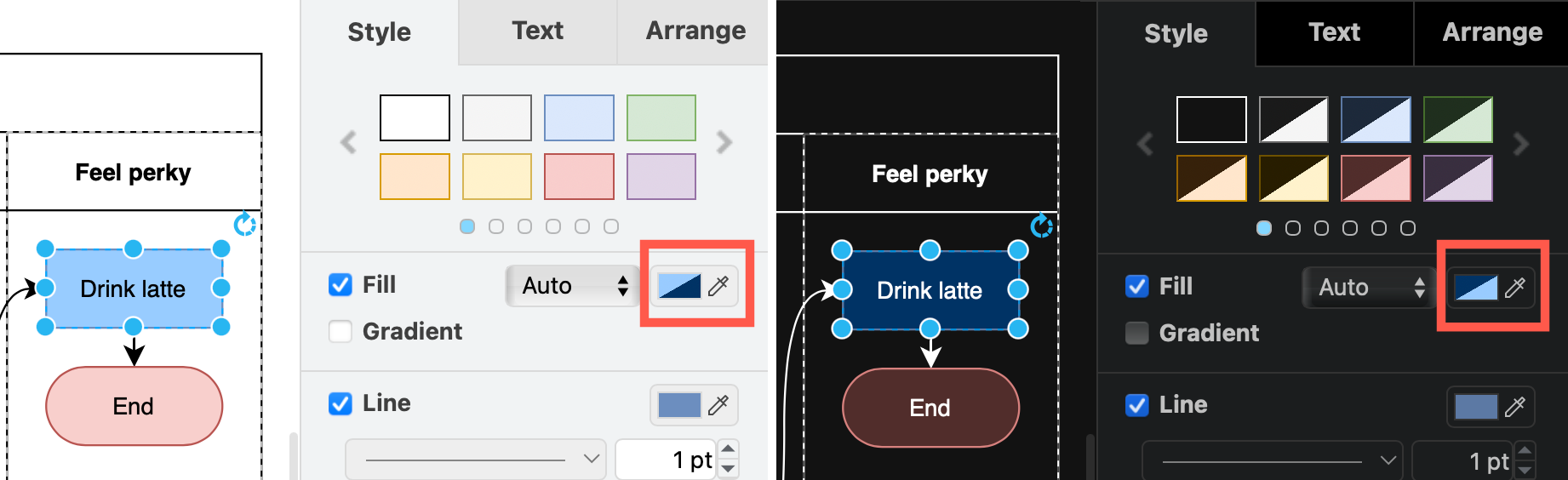 Change the adaptive colours settings on a diagram in draw.io via the Extras menu or the Style tab in the format panel when nothing is selected