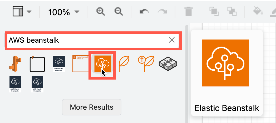 Search for any cloud infrastructure shape by its name to see all related shapes, even if you don't have the shape libraries open in draw.io