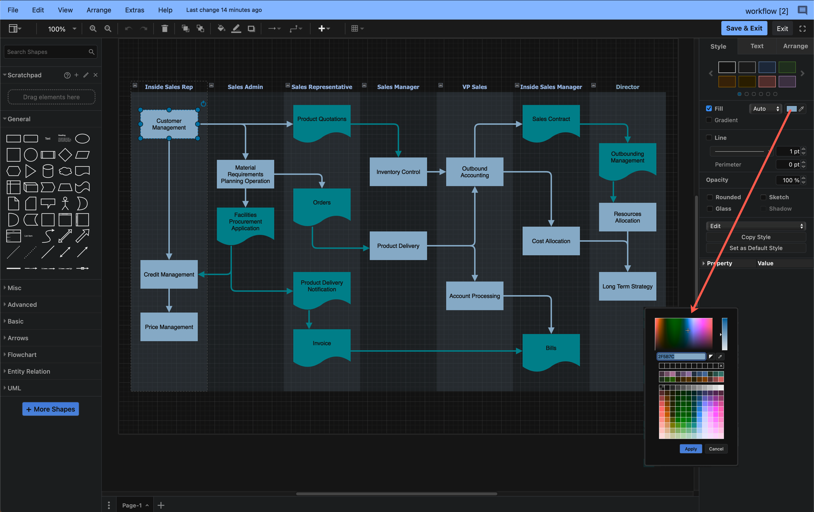 The dark mode palette in draw.io for Confluence DC 9.0 is designed for the best readability