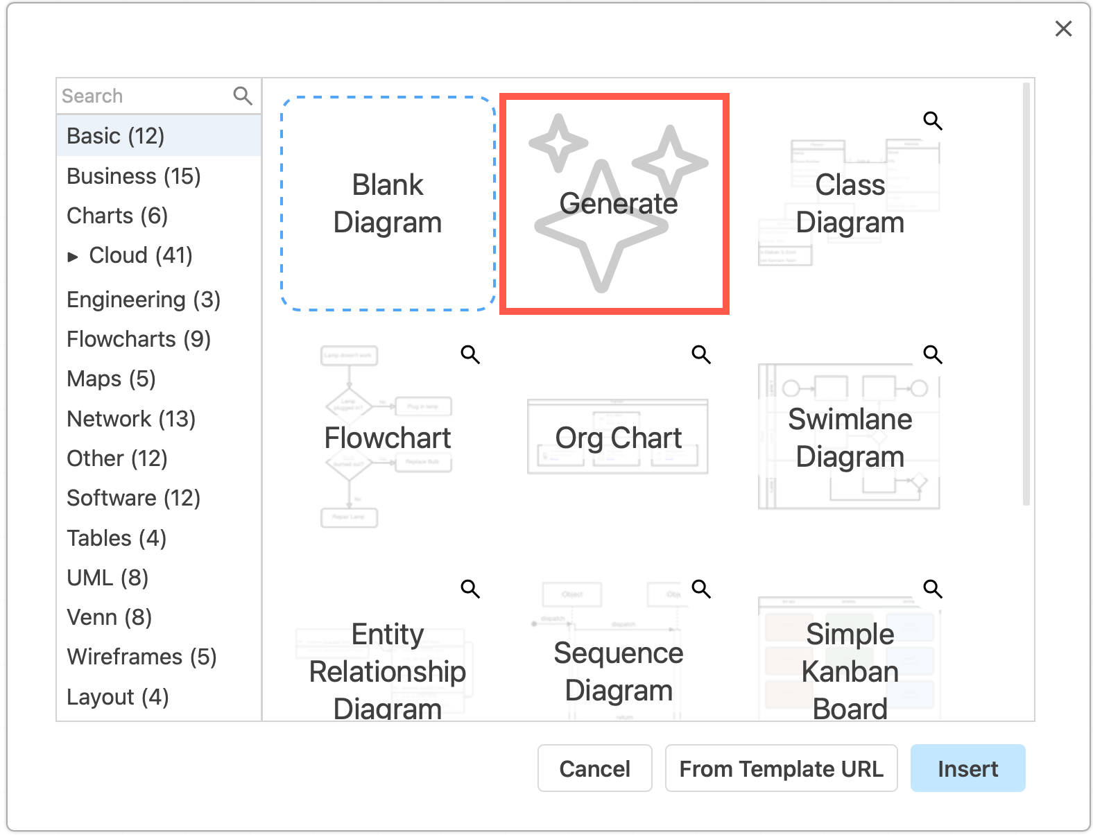 Generate diagrams of many different types from a text description via the template library in draw.io