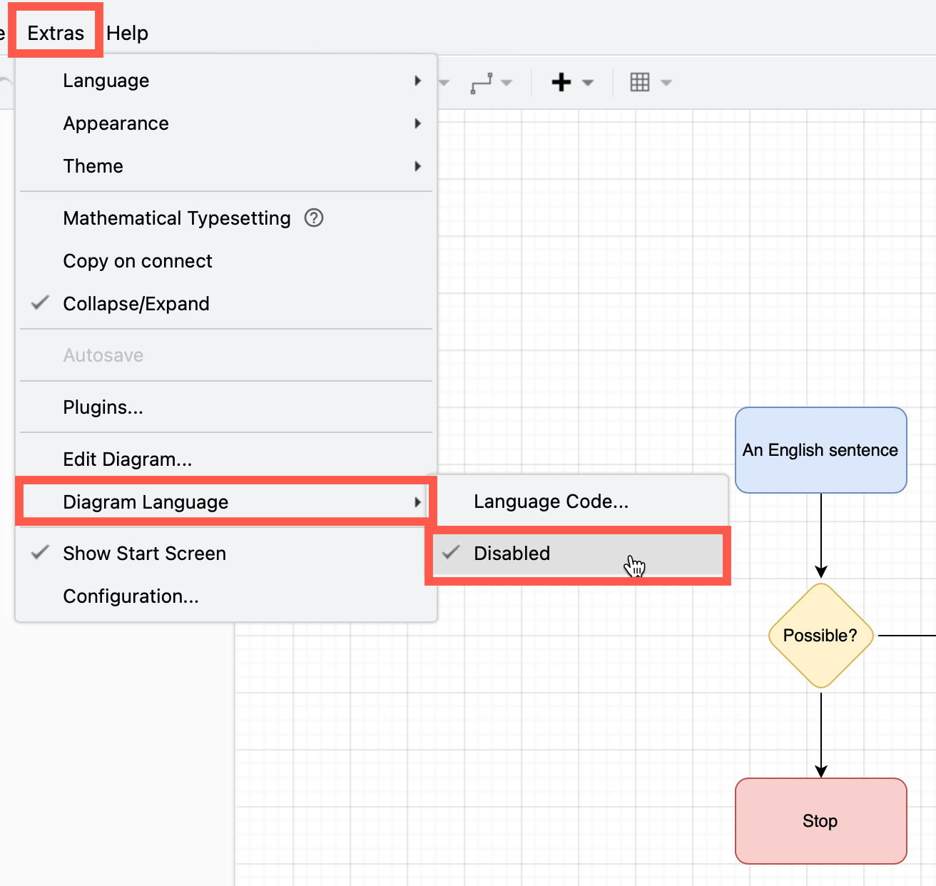 If you can't switch the diagram language even though you have written labels in multiple languages, check that Diagram Language is not Disabled via the Extras or Settings menu