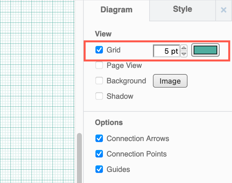 Change how the grid is displayed on the drawing canvas in draw.io via the Diagram tab in the format panel