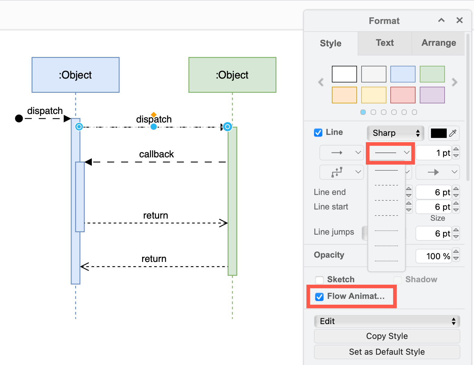 Animate connectors and change the flow animation pattern via the Style tab of the format panel