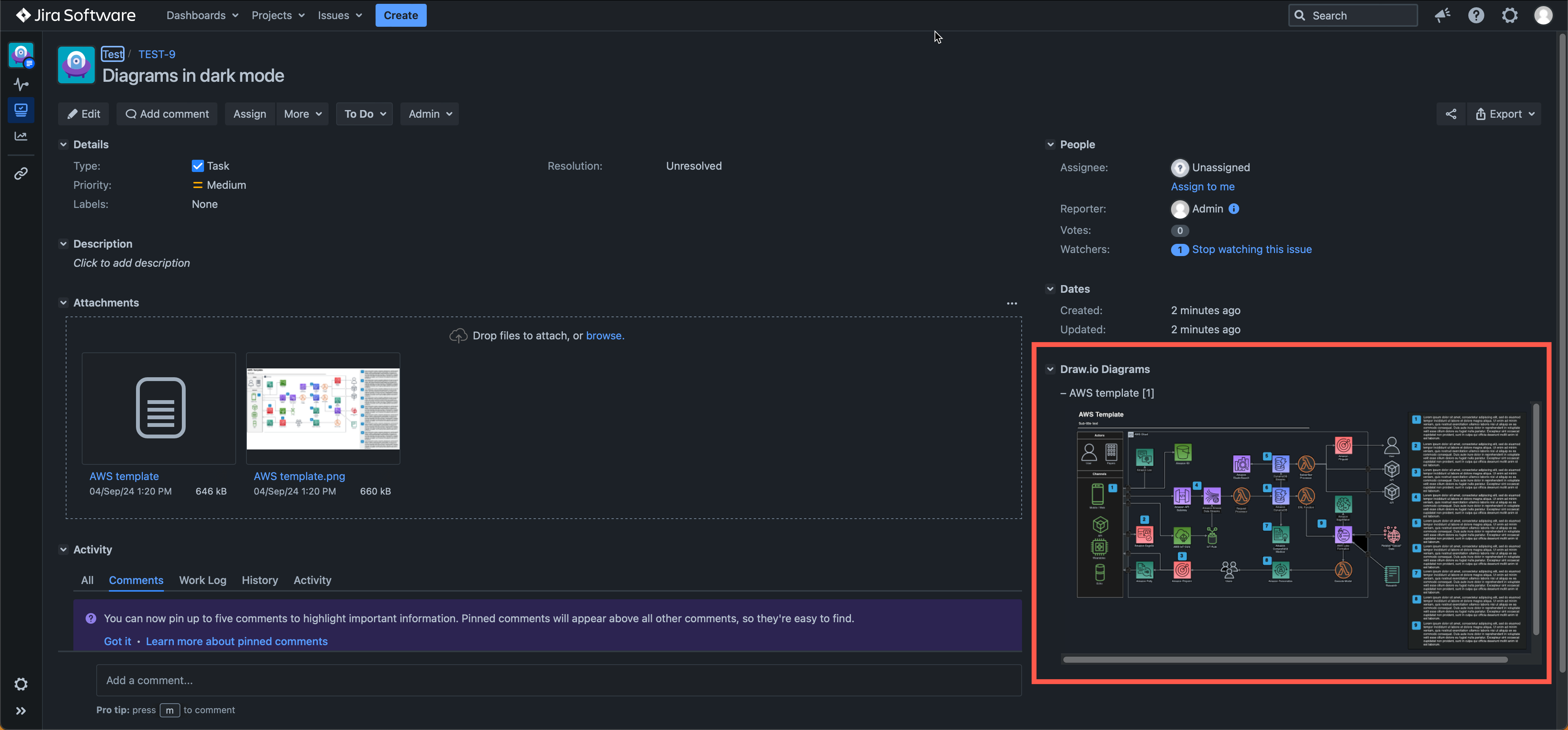 draw.io diagrams in Jira DC 10.0 will automatically switch to a dark mode palette when you use the new Jira Dark theme