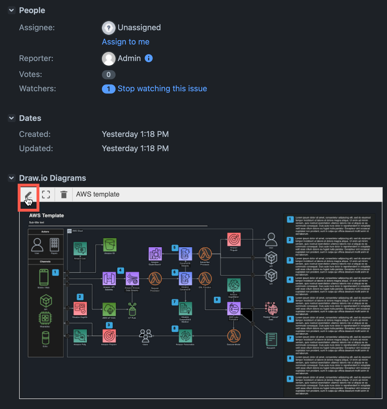 draw.io diagrams in Jira DC 10.0 will automatically switch to a dark mode palette when you use the new Jira Dark theme