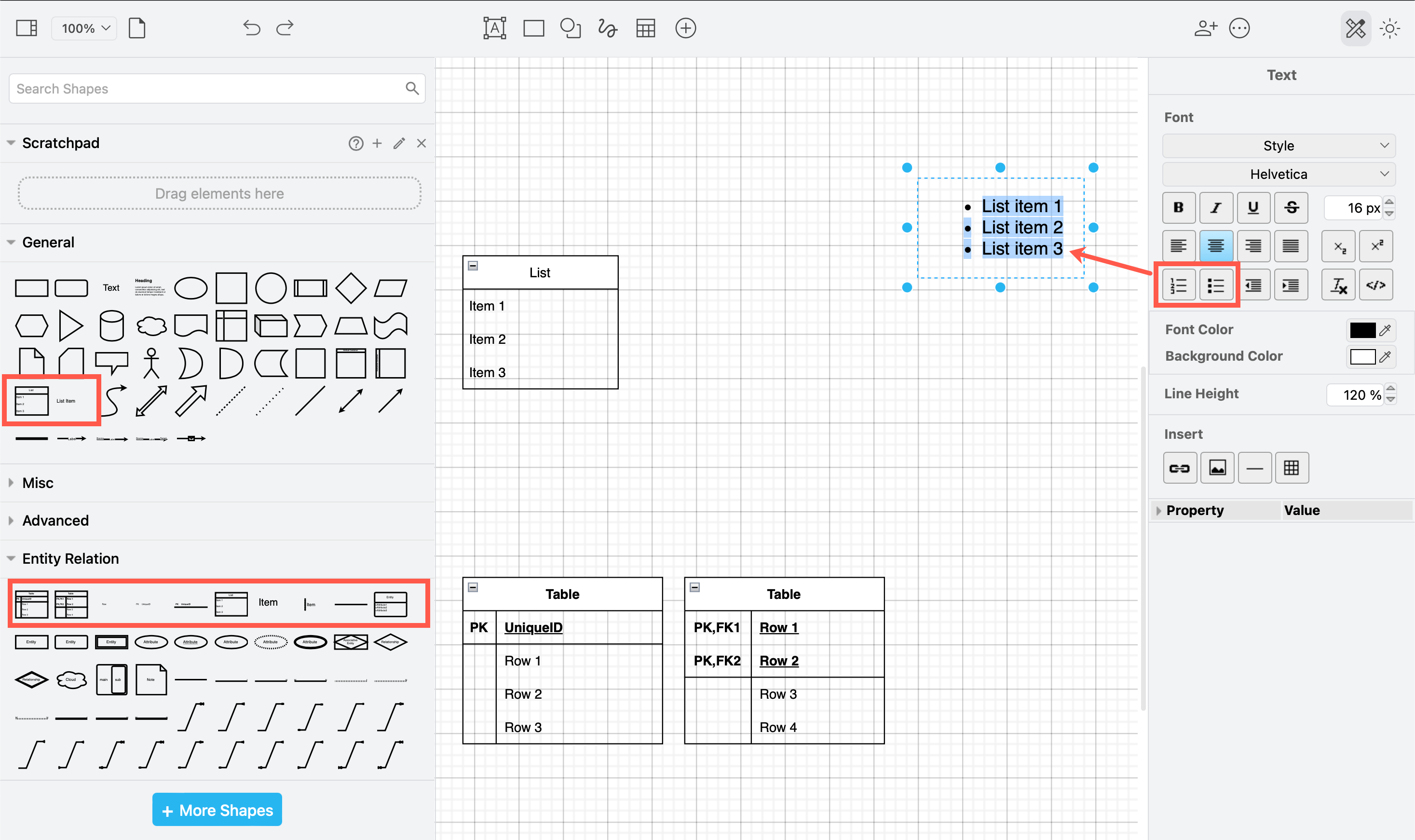 Make a text list in draw.io with a list shape, entity shapes or by formatting selected text