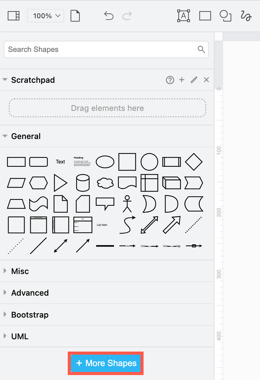 Click on More Shapes in the shapes panel to open the shape library collection in draw.io