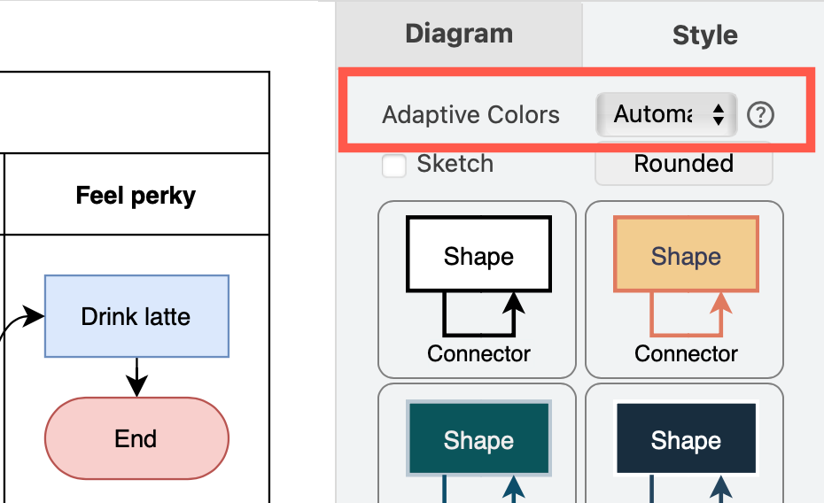 Change the adaptive colours settings on a diagram in draw.io via the Extras menu or the Style tab in the format panel when nothing is selected