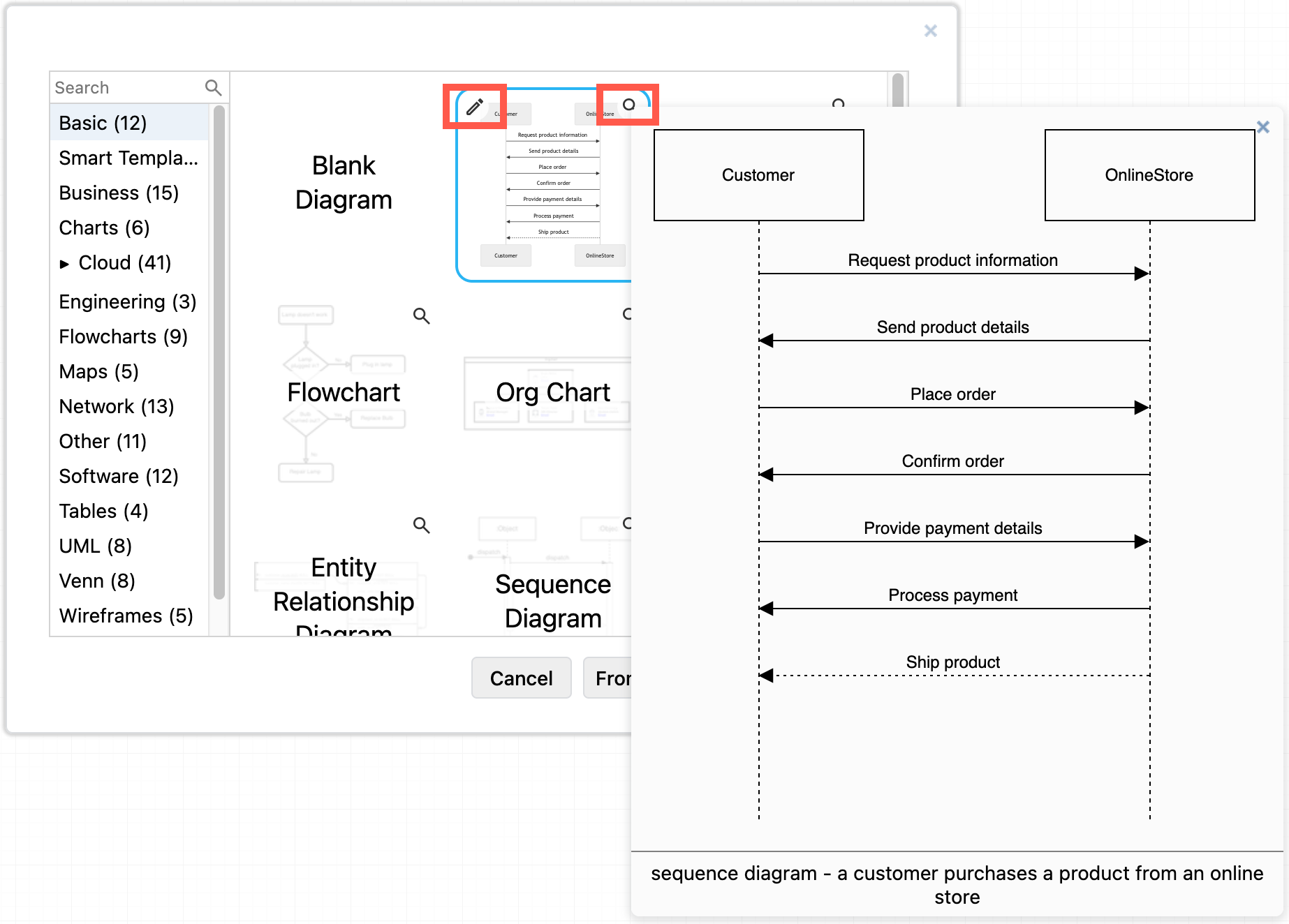 Hove over the magnifying glass after you have generated a template in the template library in draw.io