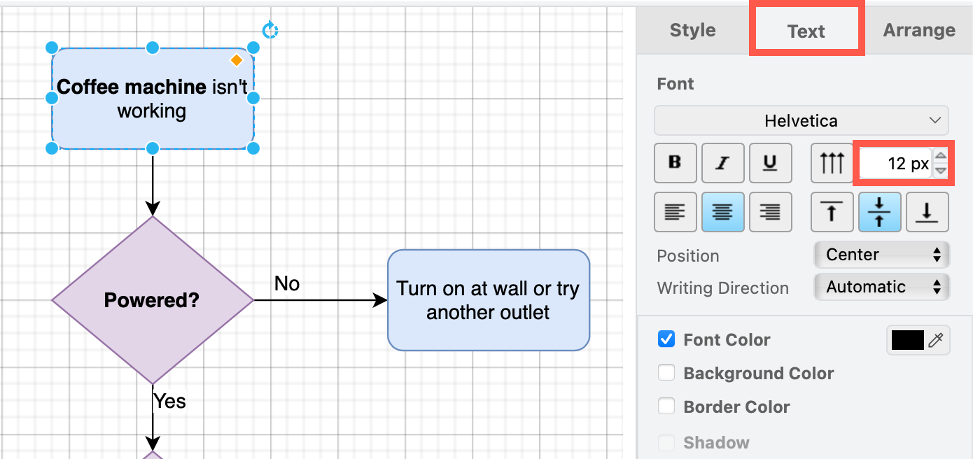 Select a different font size to style text in draw.io