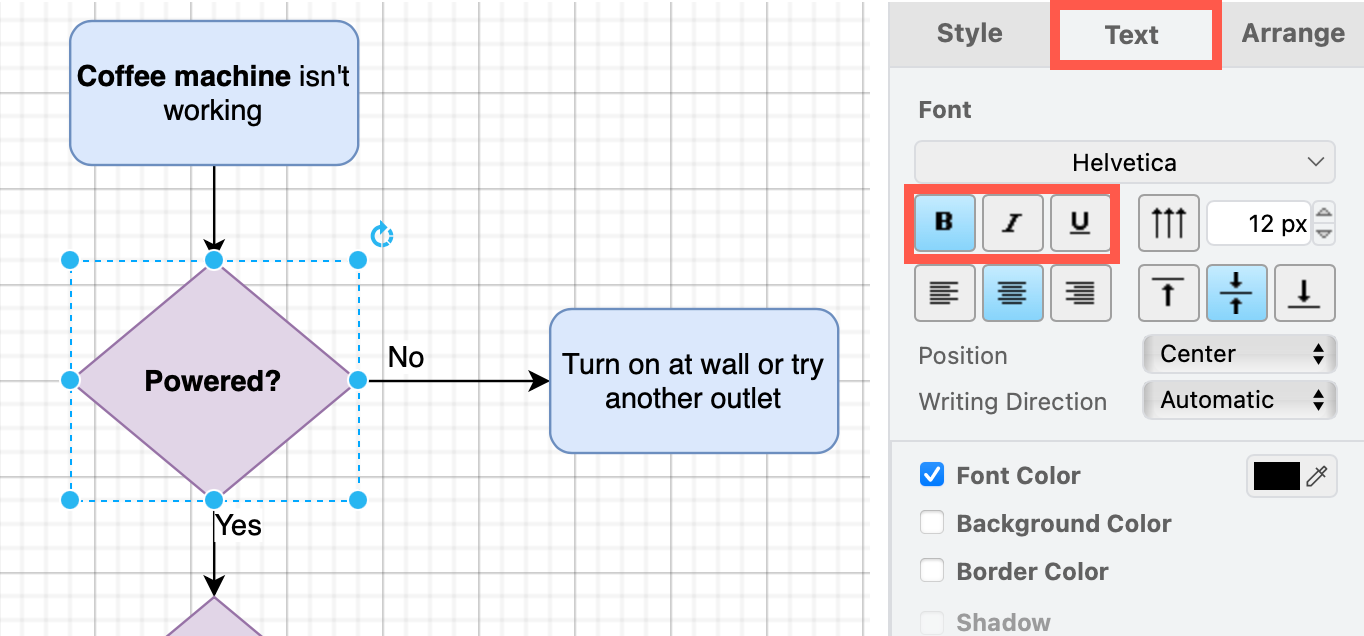 Select bold, italics or underline to style text in draw.io