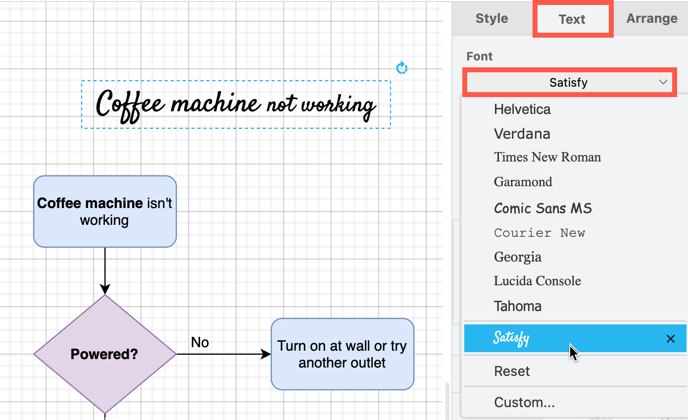 Select a different font to style text in draw.io