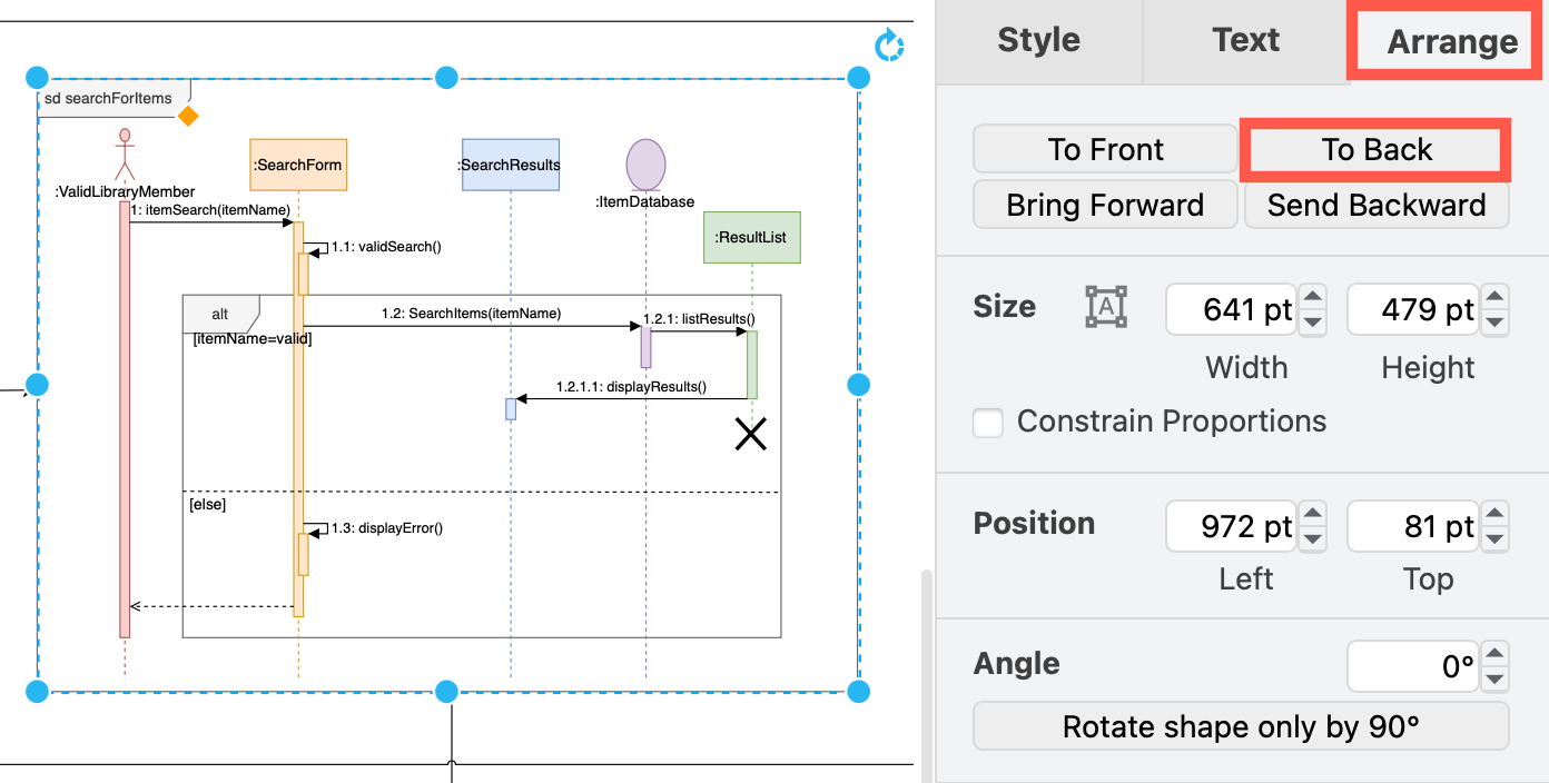 Send the frame shape to the back behind the embedded sequence or activity diagram