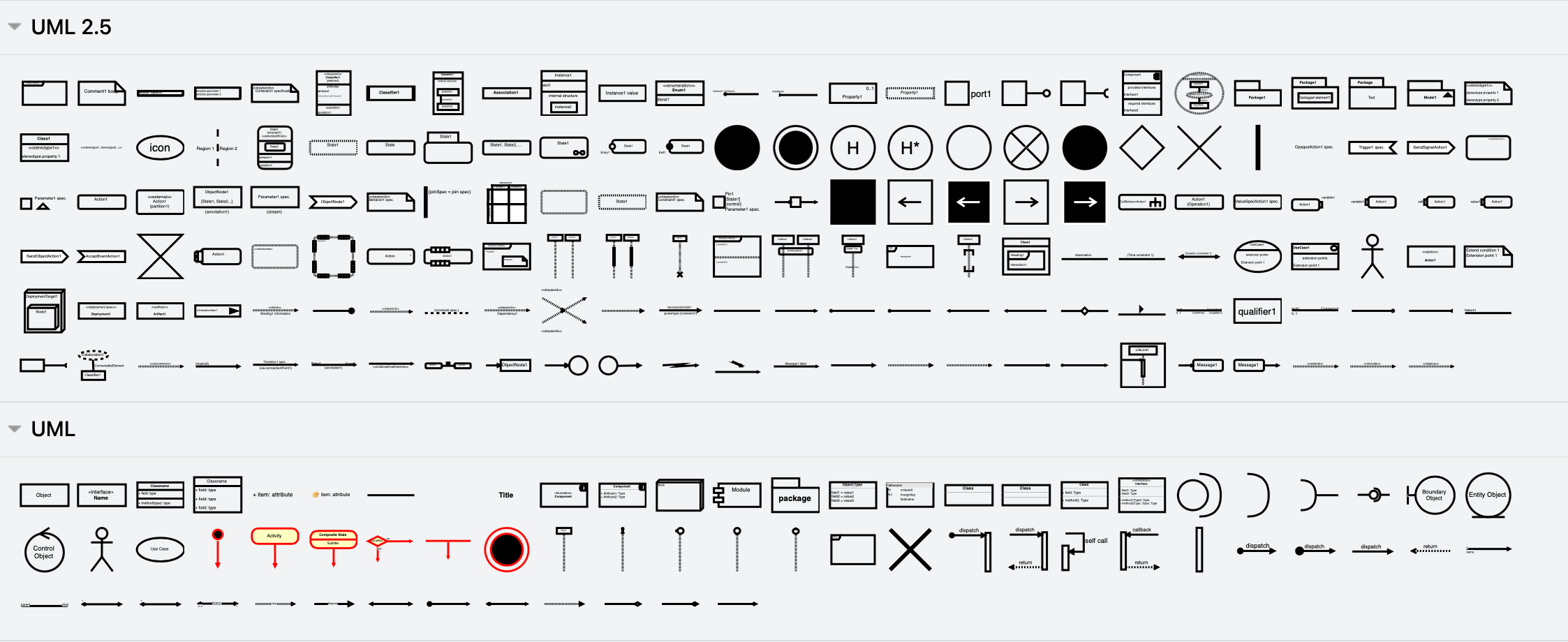 The shapes in the UML and UML 2.5 shape library let you create all types of UML diagrams