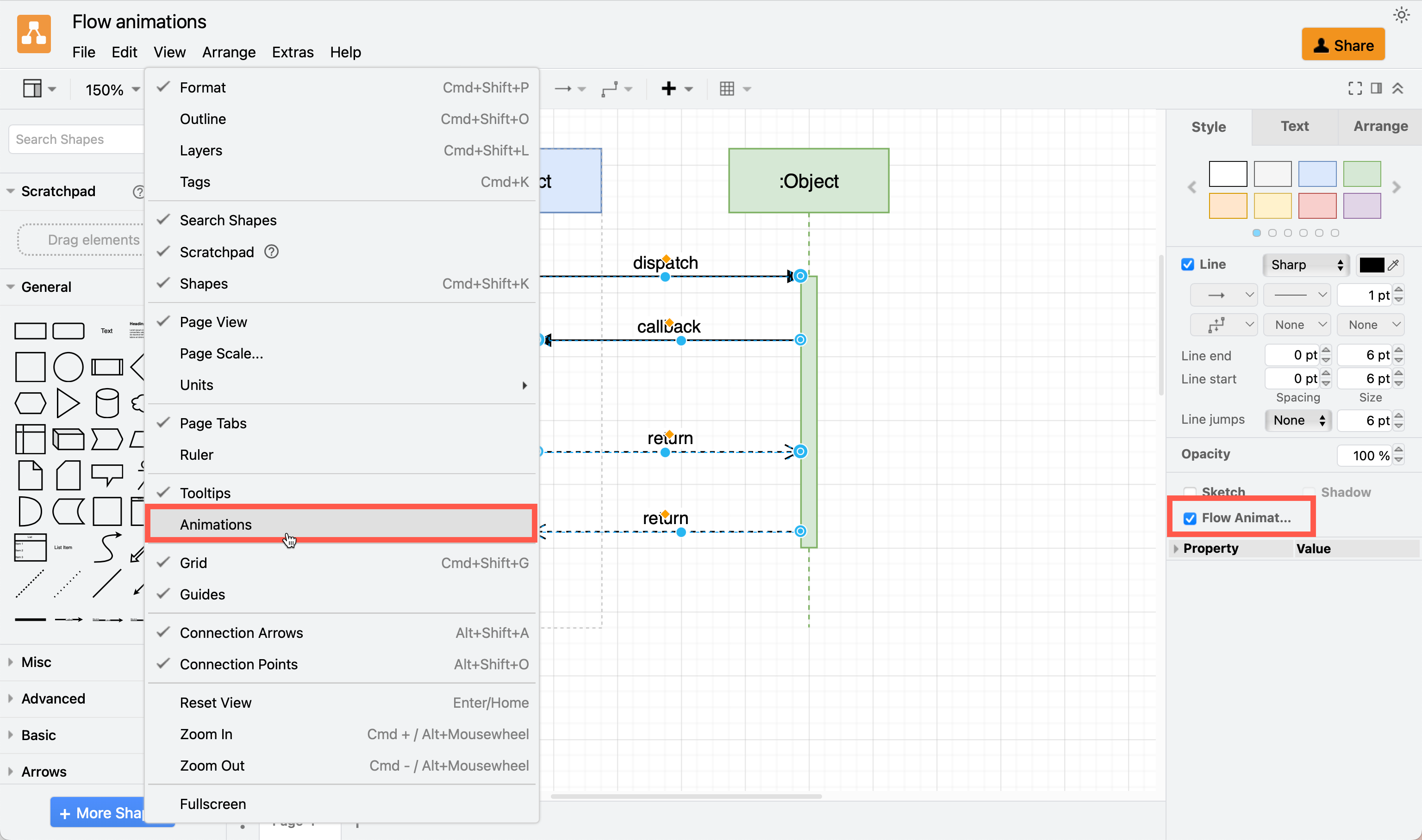 You can disable the animation visual without disabling the flow animation style setting on connectors in draw.io