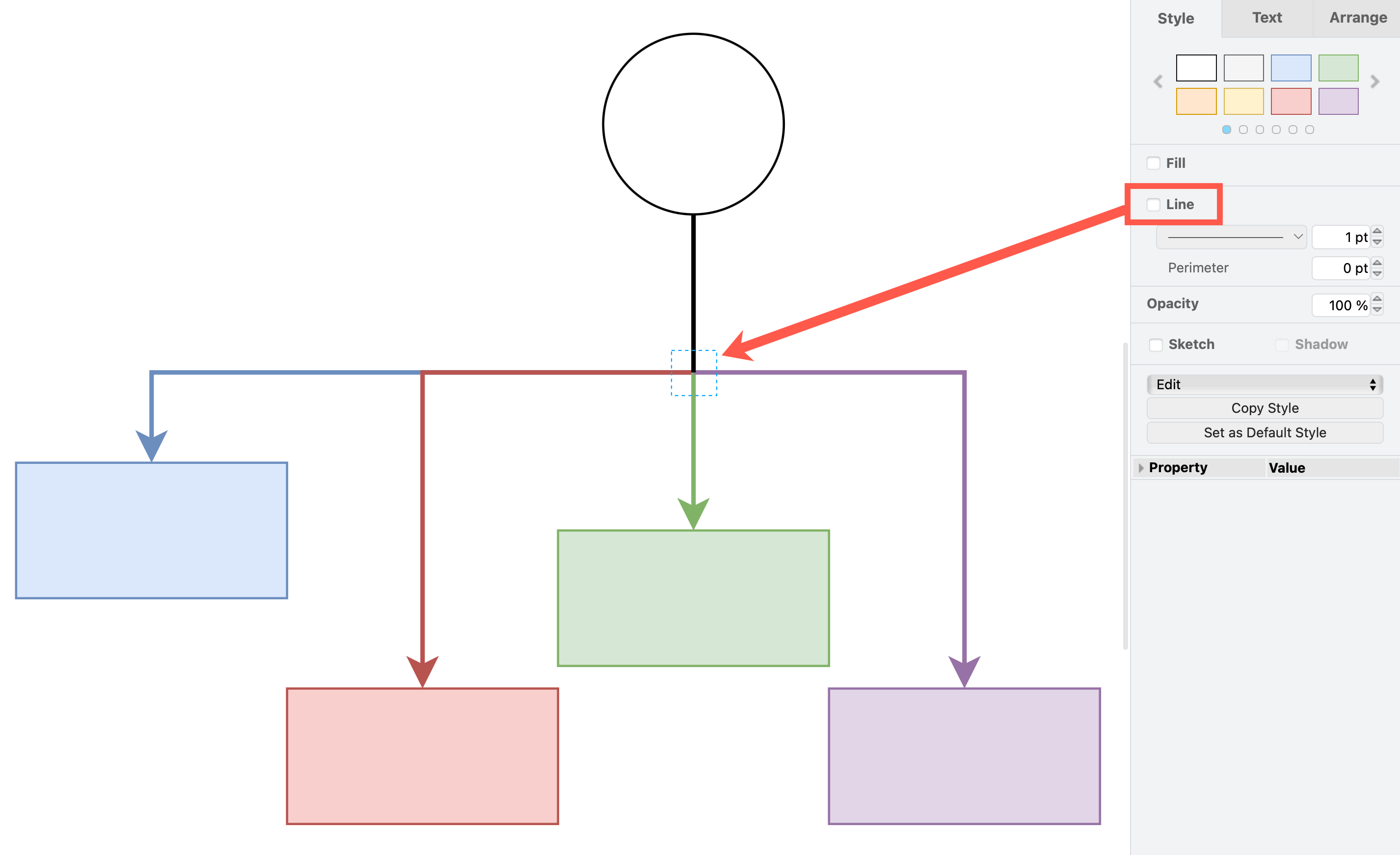 Deselect the Line style checkbox to turn a waypoint shape invisible