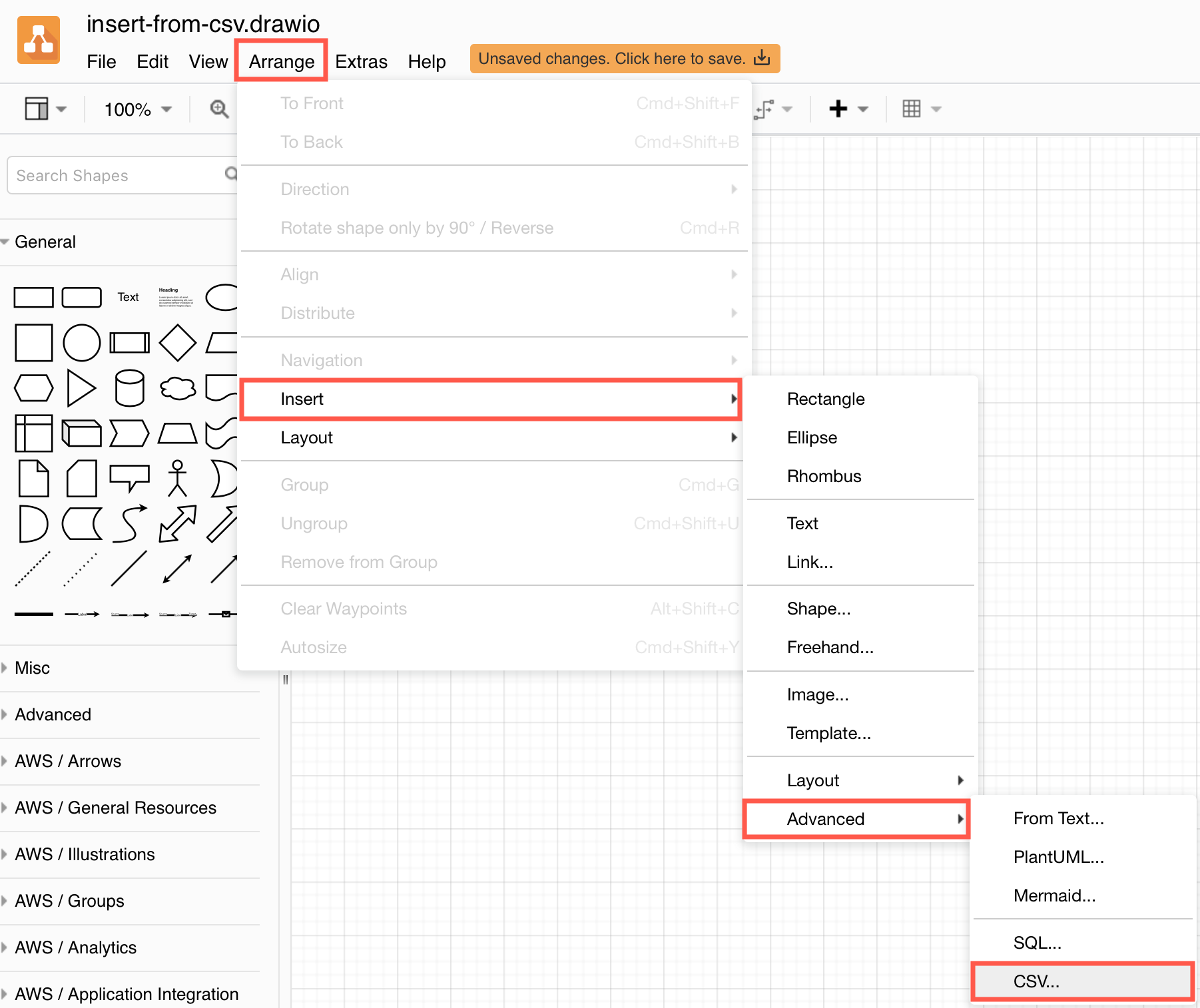 Select Arrange /> Insert > Advanced > CSV dialog