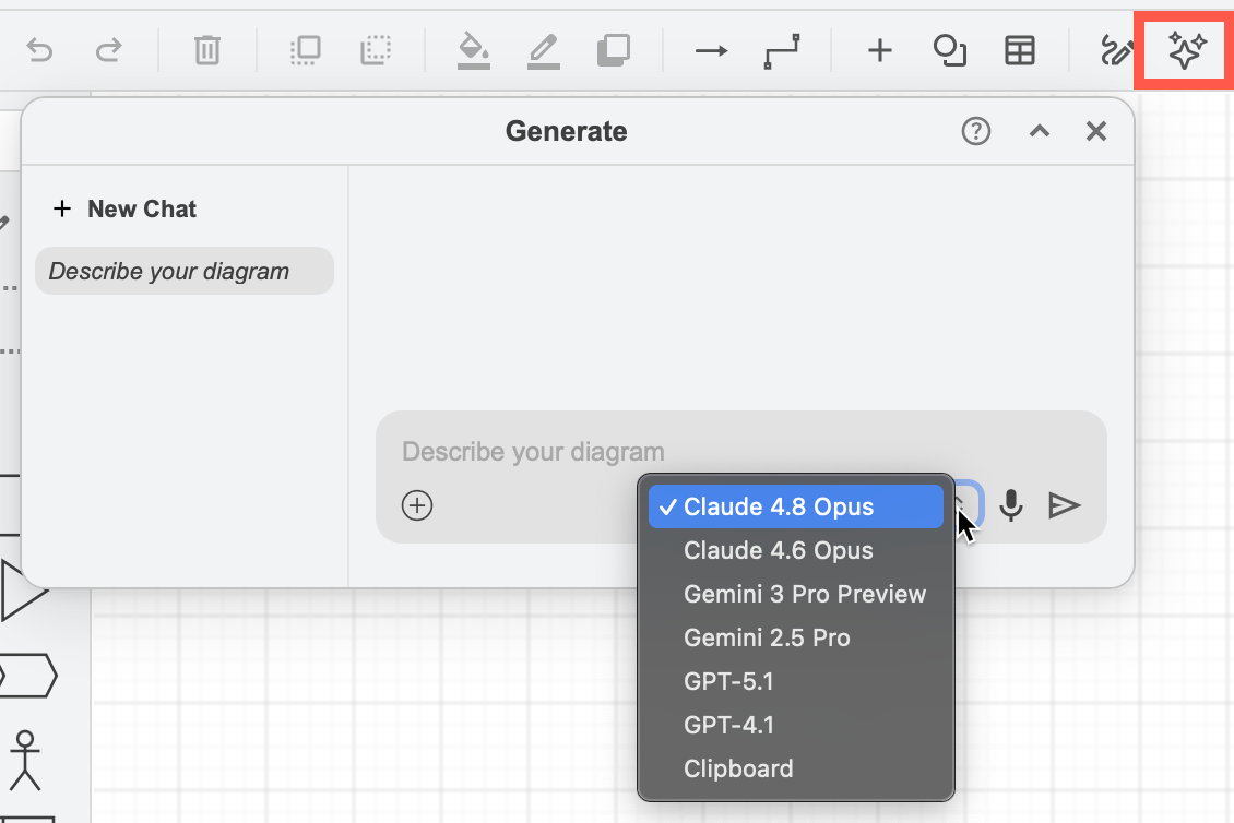 Add your own LLM API keys in the draw.io configuration to choose specific AI models in the Generate dialog