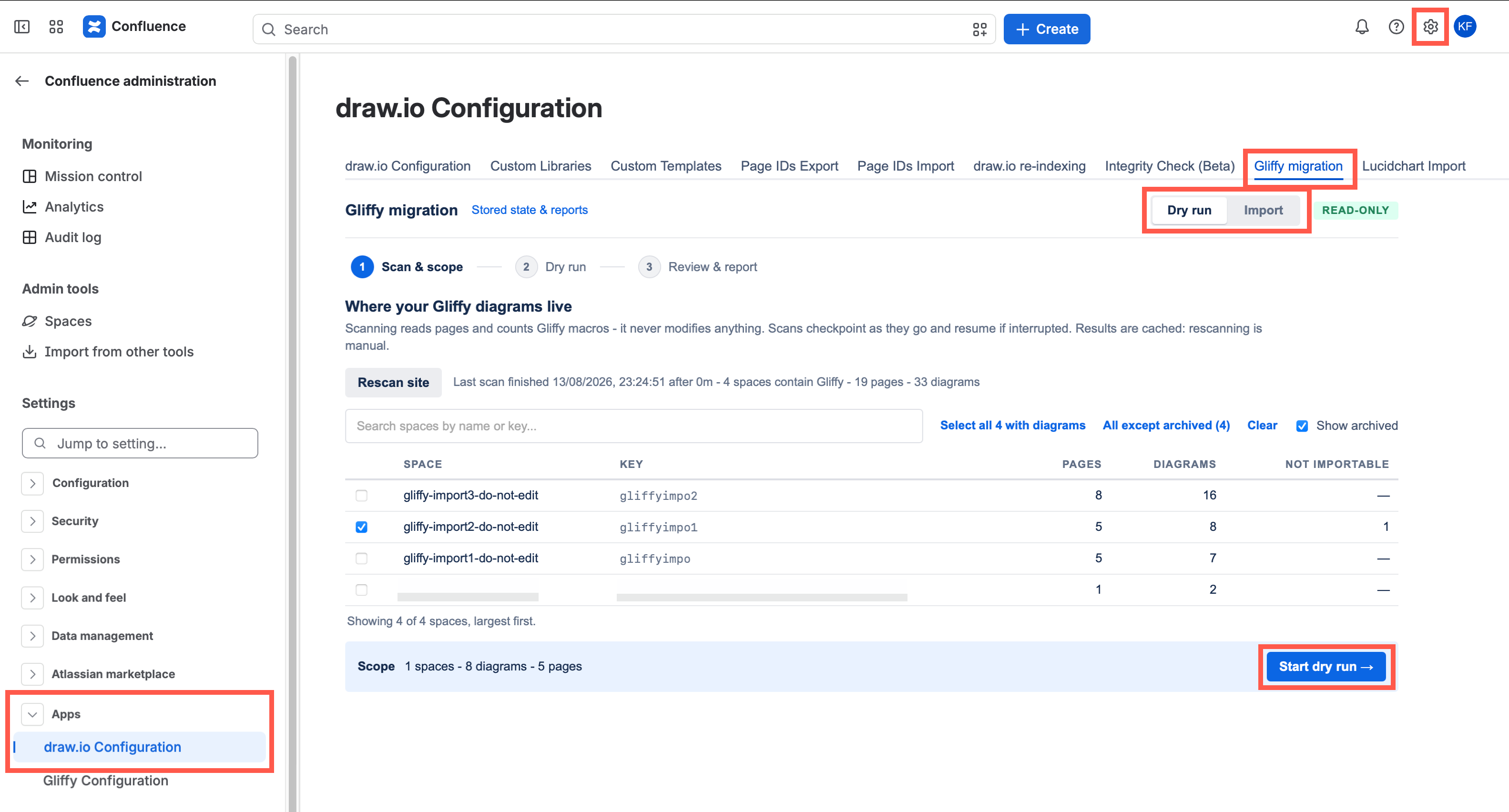 Switch the toggle to Dry Run in the Gliffy Migration tab of the draw.io add-on administration in Confluence Cloud