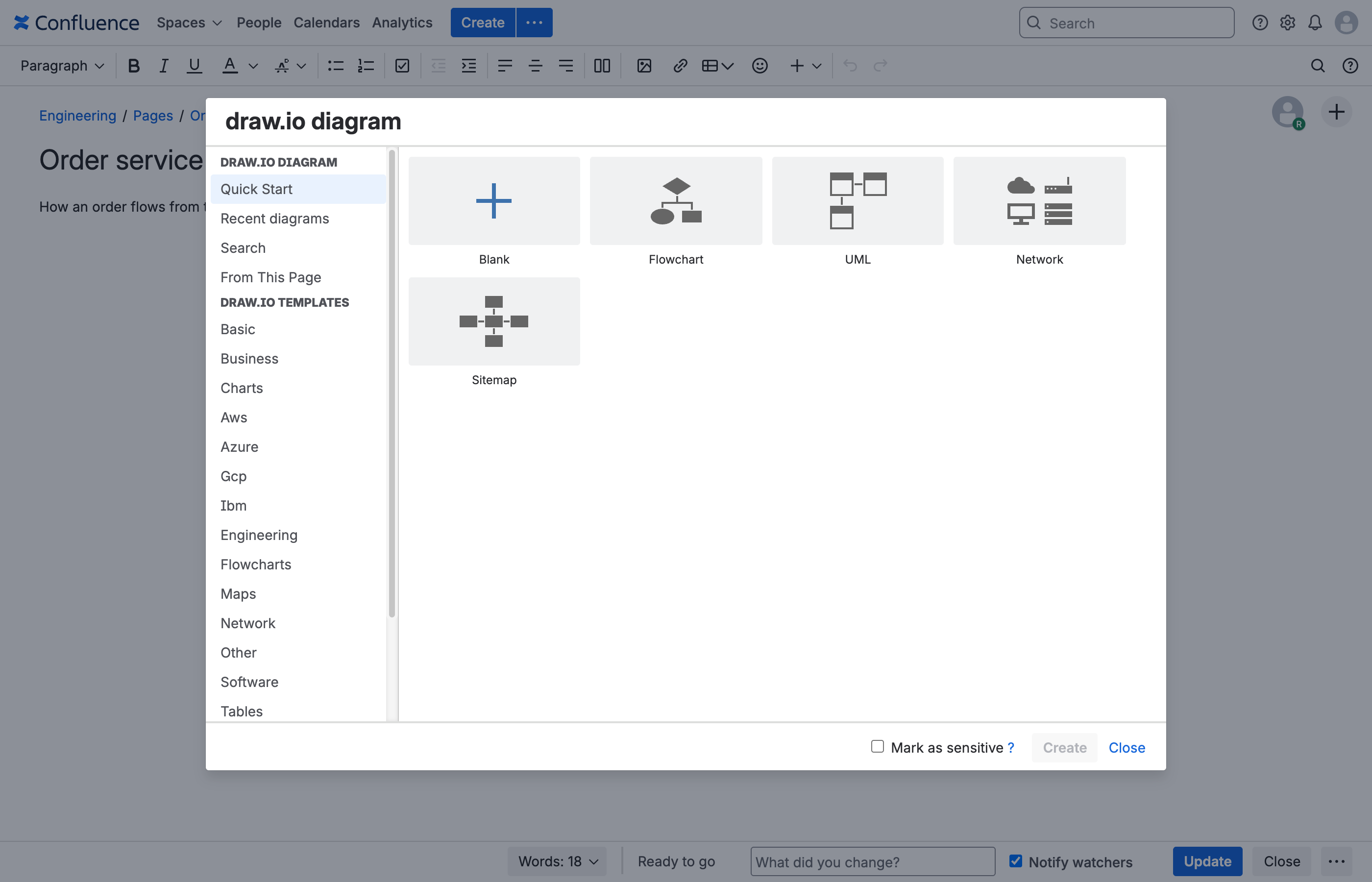 Start a new draw.io diagram from a template in Confluence Data Center 11