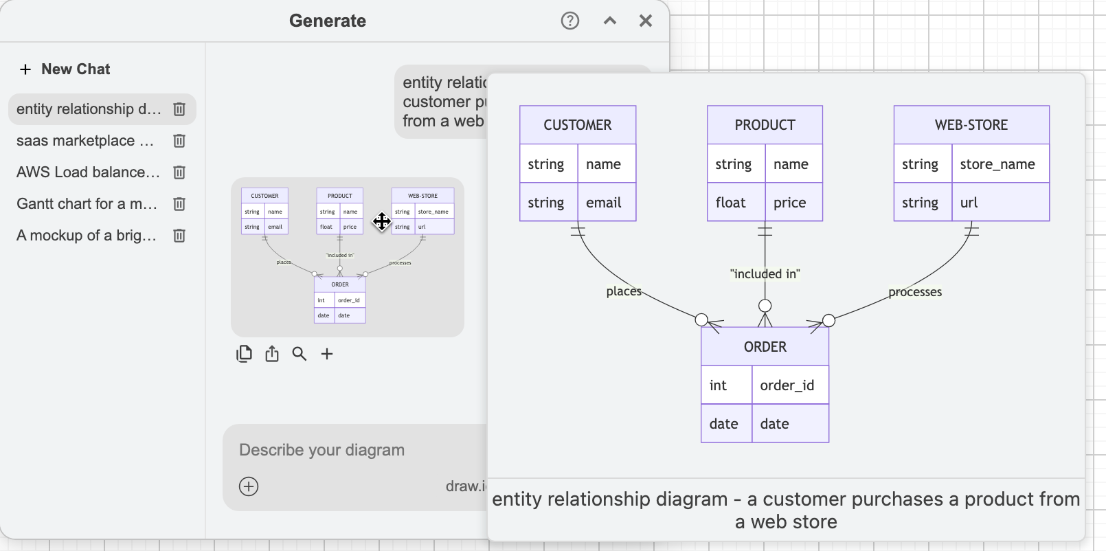 Generate an entity relationship model from a text description via the diagram generate dialog in draw.io