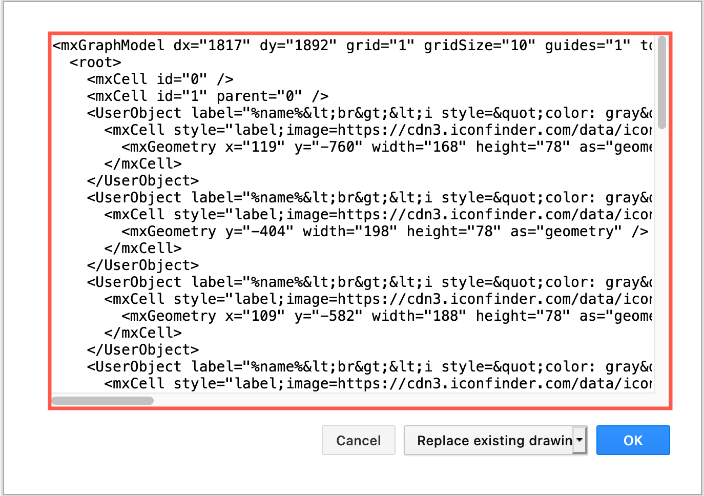 Edit the XML source of the current page in the Edit Diagram dialog