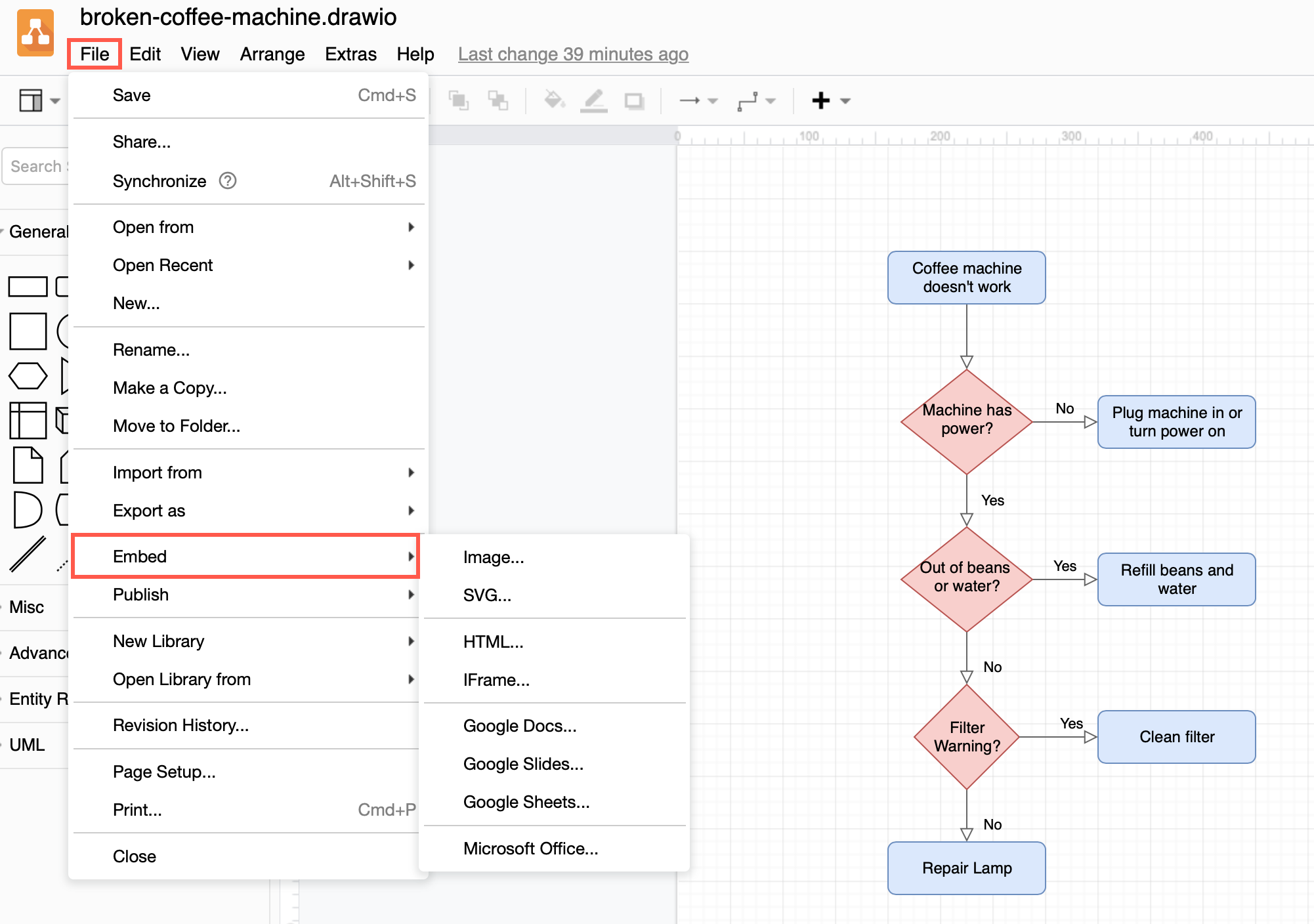 Click File /> Embed and select HTML to export your diagram as HTML code