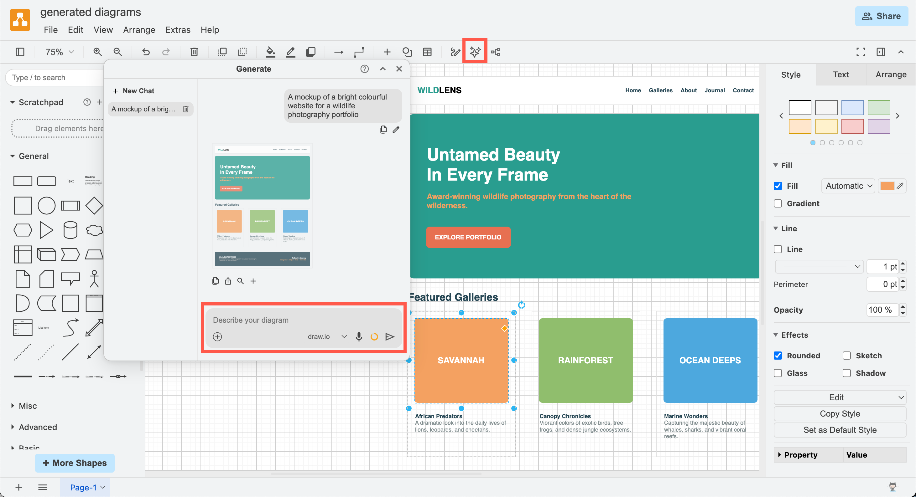 The updated Generate tool in draw.io with a chat list on the left, generated diagram previews in the middle, and a query text box at the bottom