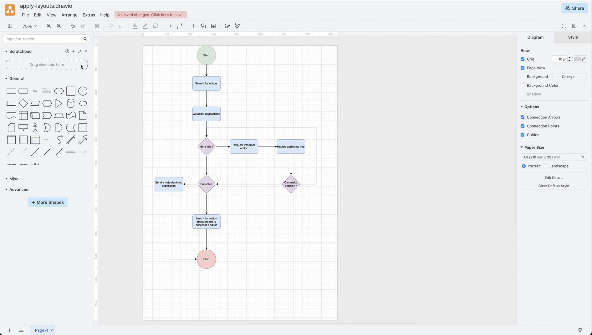 Rearrange your diagram quickly by applying a layout - select Arrange > Layout from the menu