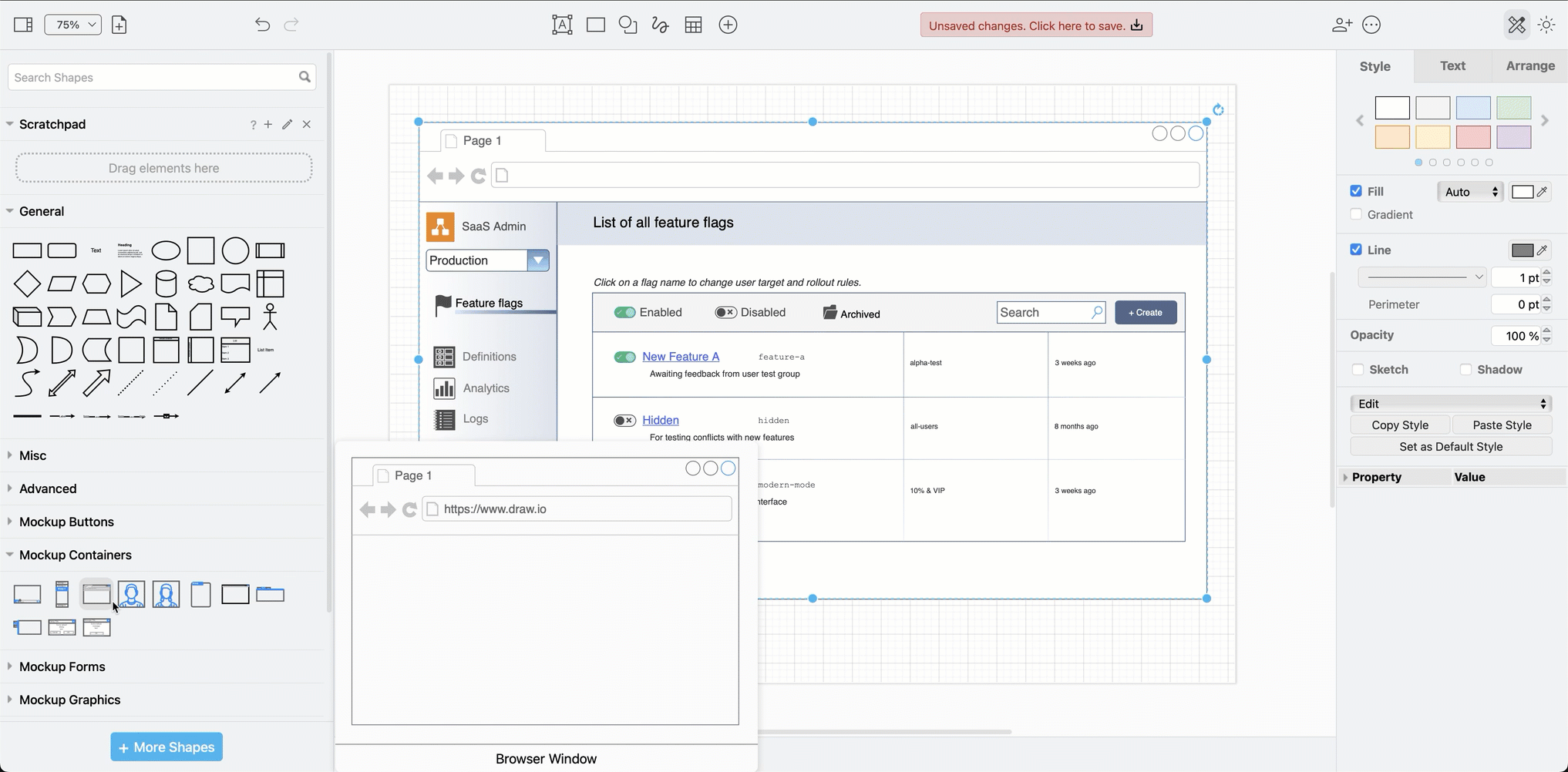 Use container shapes to keep your UI components together as you move the mockup on the drawing canvas