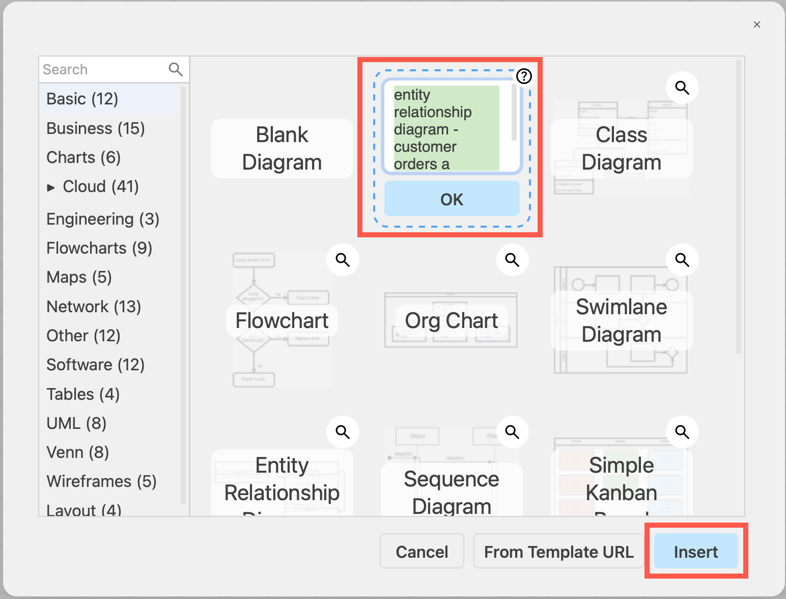 Generate a custom template from a text description in the Smart Templates section of the draw.io template manager