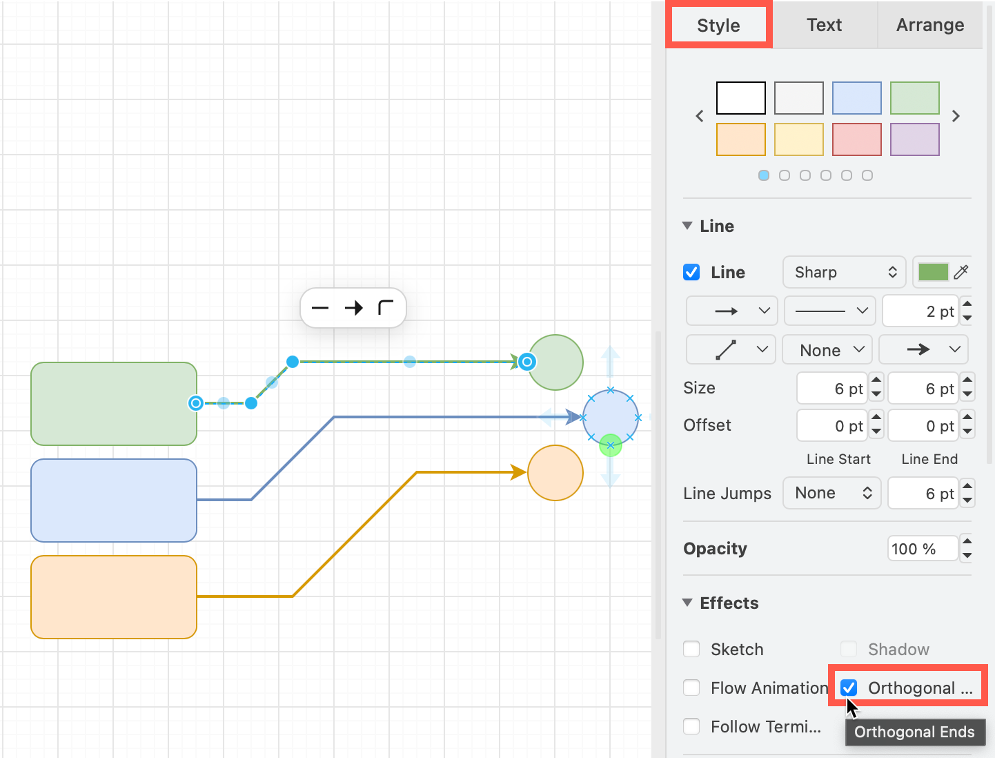 Style your connector using the options in the Style tab in the format panel on the right in draw.io