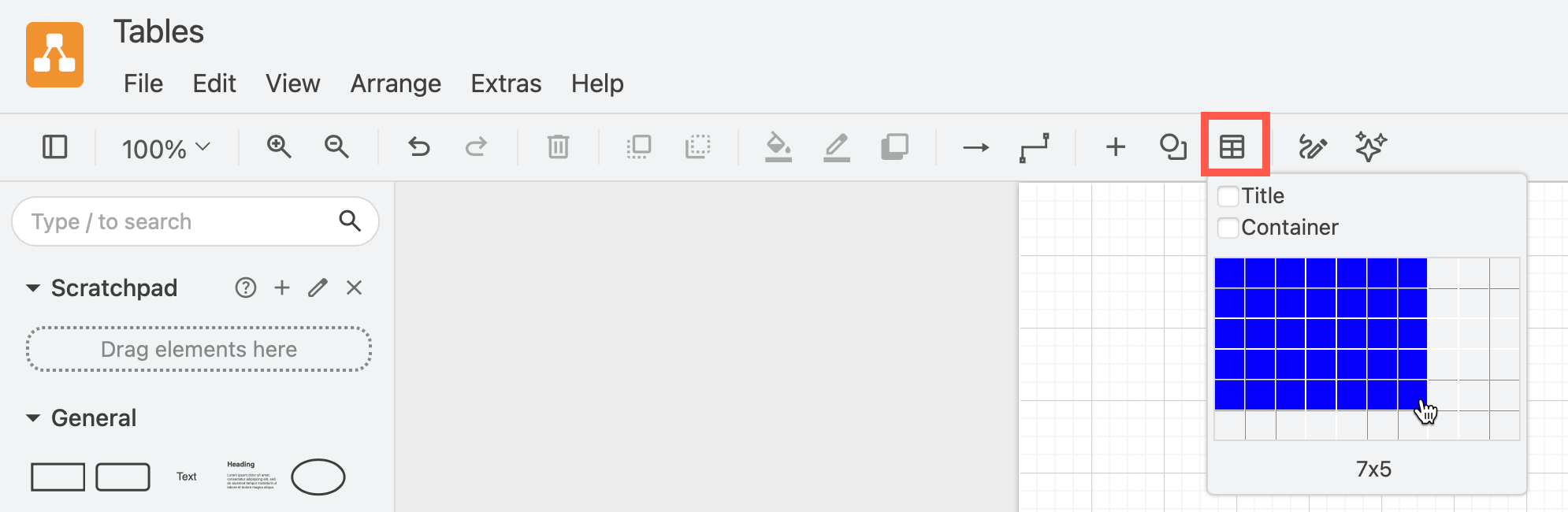 Insert a table via the draw.io toolbar
