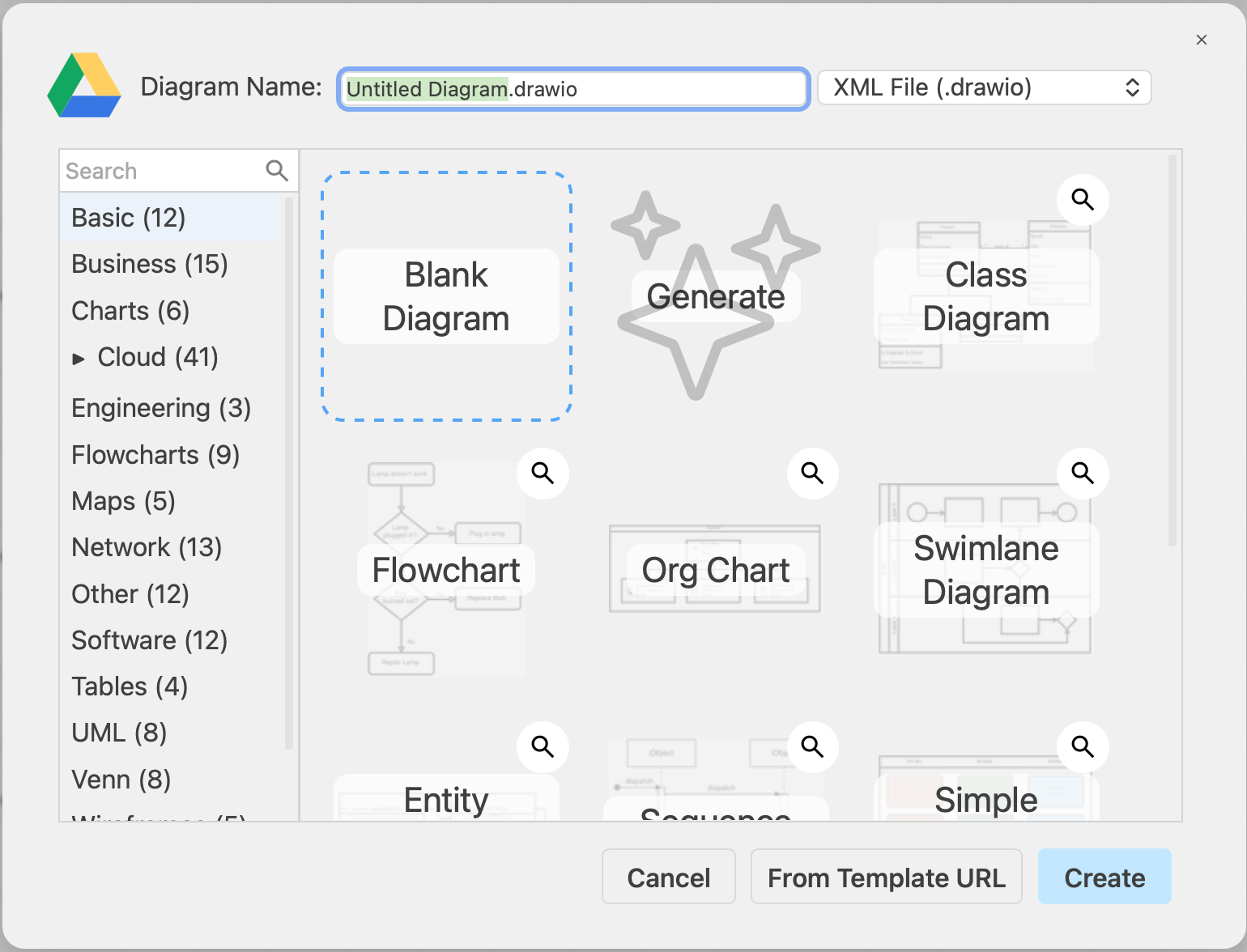 Choose a diagram template when you create a new diagram at draw.io