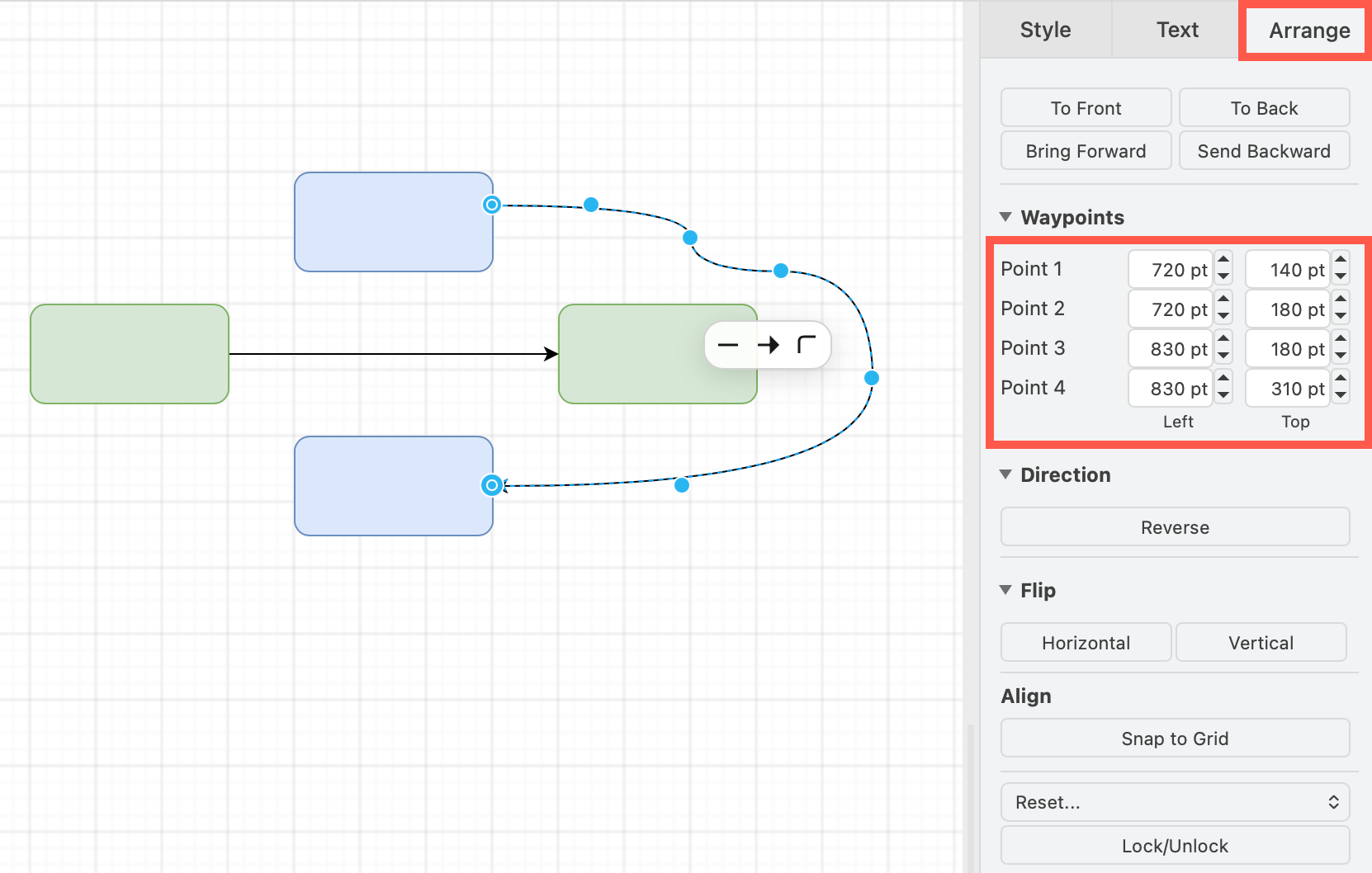 Set exact positions for each waypoint in the Arrange tab of the format panel